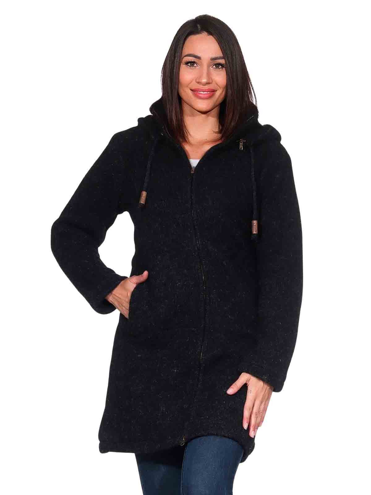 KUNST UND MAGIE Longstrickjacke Klassische Strickjacke Kurzmantel Wolle + Fleecefutter Kapuze Boho – Bild 5 von 5