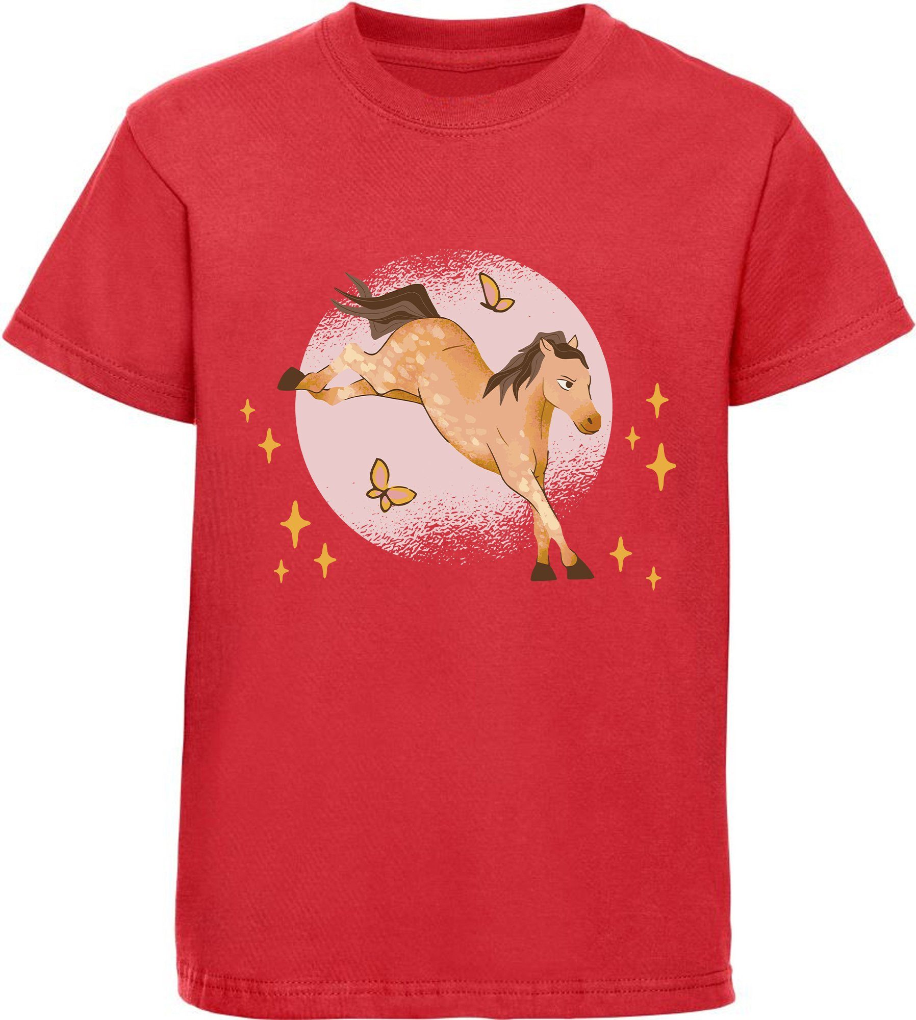 MyDesign24 Print-Shirt bedrucktes Mädchen T-Shirt austretendes Pferd und Schmetterlinge Baumwollshirt mit Aufdruck, i157 rot
