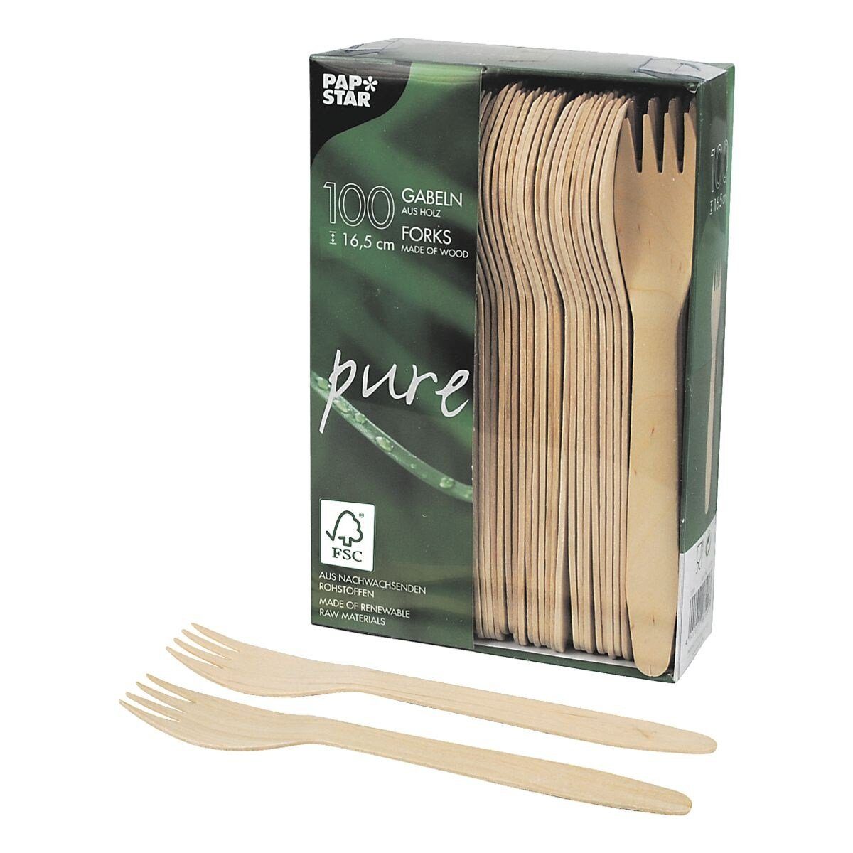 PAPSTAR Einweggabel pure (100 Stück), Birkenholz, biologisch abbaubar, 100 Stück