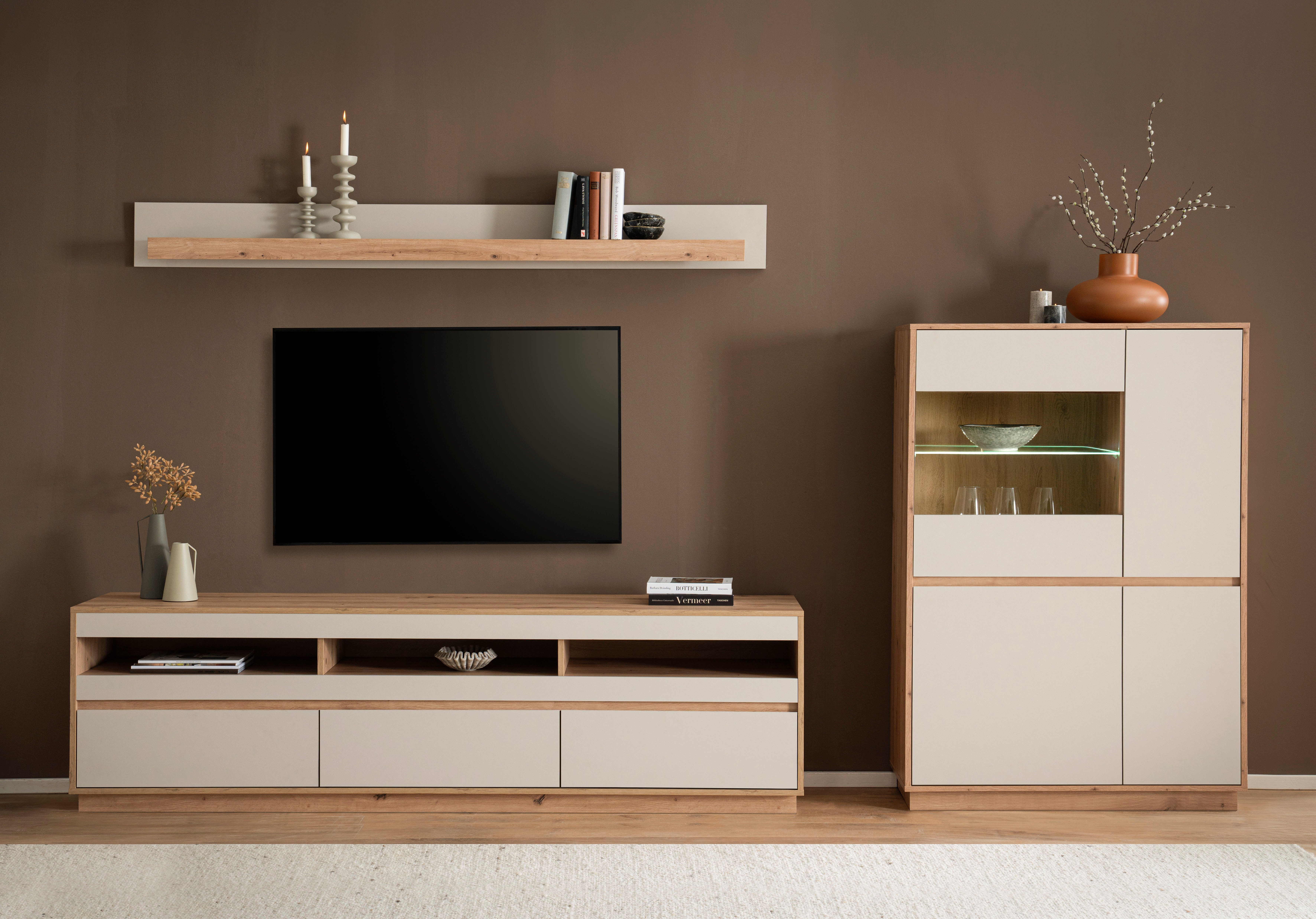 Home affaire Wohnwand Sonora, moderne Anbauwand, Komplettset in Kaschmir/Eiche, (Komplett-Set, 3-St), enthält Vitrine, Lowboard und Wandboard, 292 cm breit