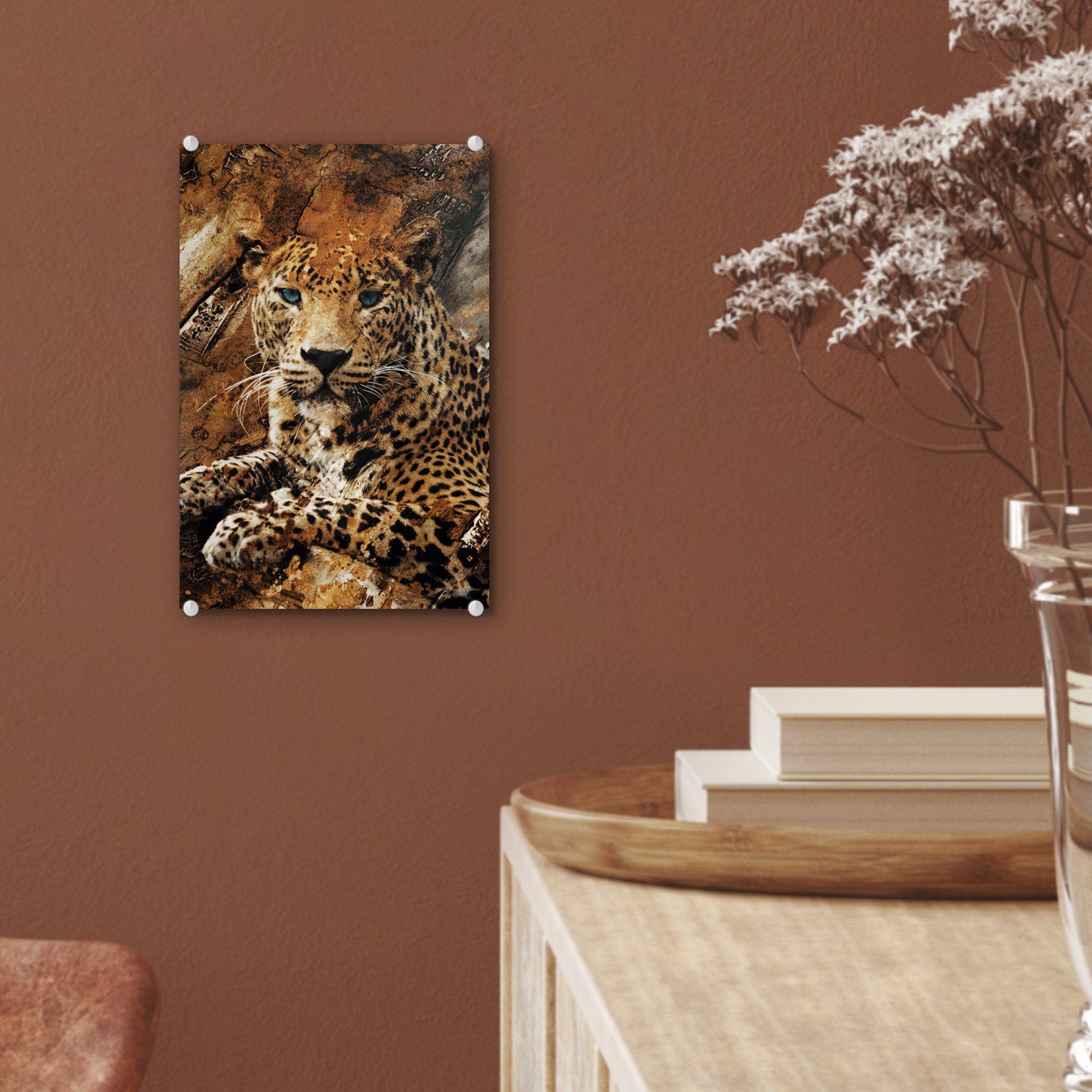 - Foto Leopard Wand, - - - Glas Wandbild Steine - auf Wanddekoration St), Glasbilder MuchoWow Acrylglasbild Glas Bilder (1 auf