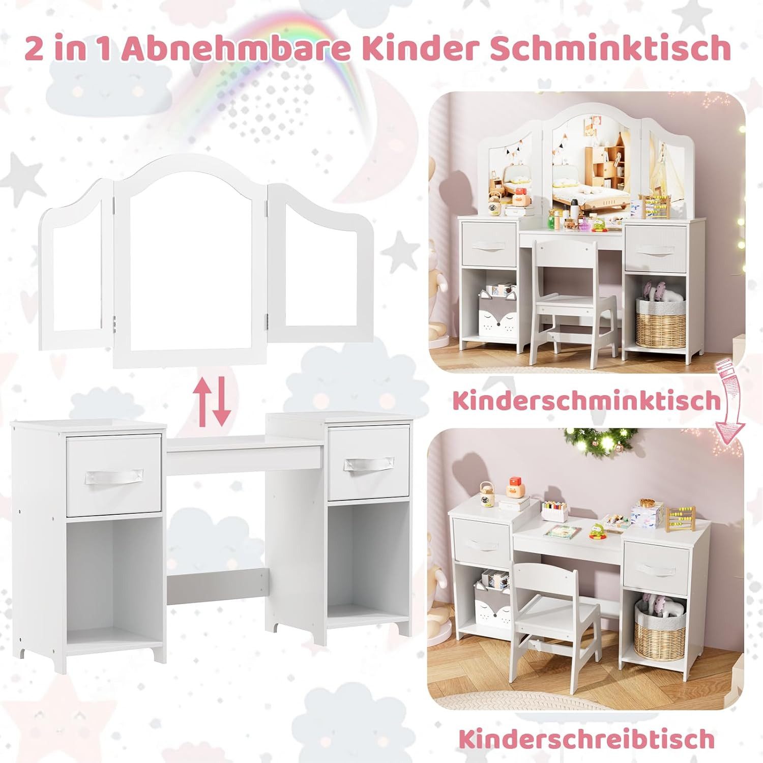TLGREEN Schminktisch Kinderschminktisch 2 in 1,mit Abnehmbarem Spiegel (108x30x114 cm), Schminktisch Mädchen,Schreibtisch mit Hocker – Bild 5 von 5