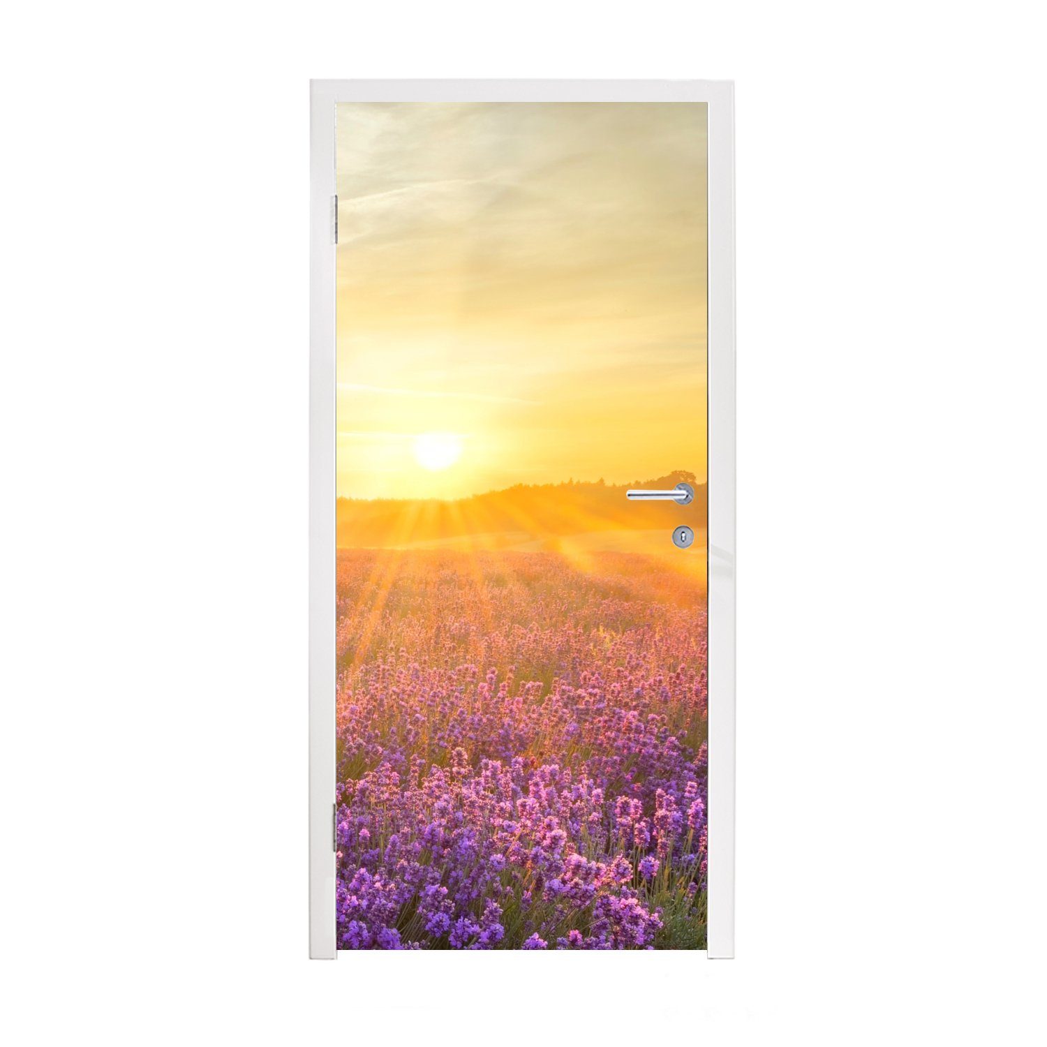 MuchoWow Türtapete Lavendel - Sonnenuntergang - Bäume - Lila, Matt, bedruckt, (1 St), Fototapete für Tür, Türaufkleber, 75x205 cm