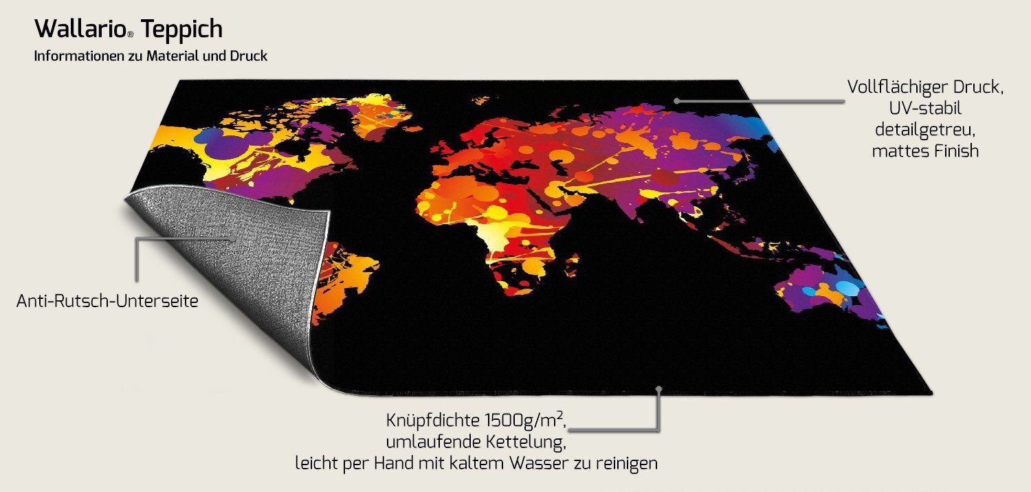 Wallario Teppich Weltkarte aus bunten Farbspritzern, rechteckig, rutschfest