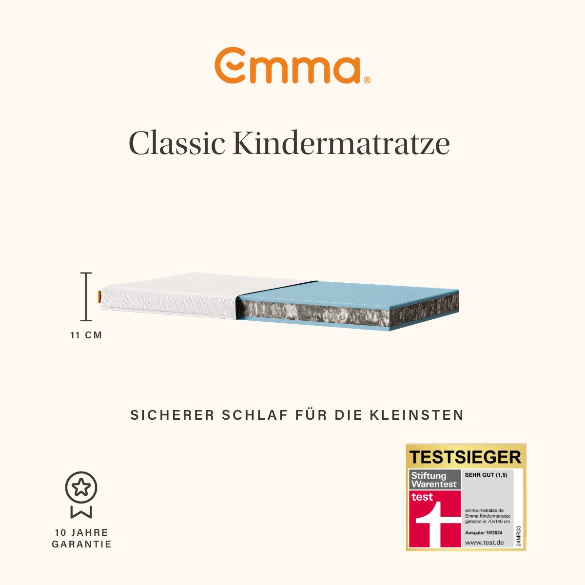 Kindermatratze Emma Kindermatratze, atmungsaktiv & waschbar bei 60°C, Emma, 11 cm hoch, (1-tlg), 60 x 120cm & 70 x140cm, Stiftung Warentest " SEHR GUT (1,5)" getestet