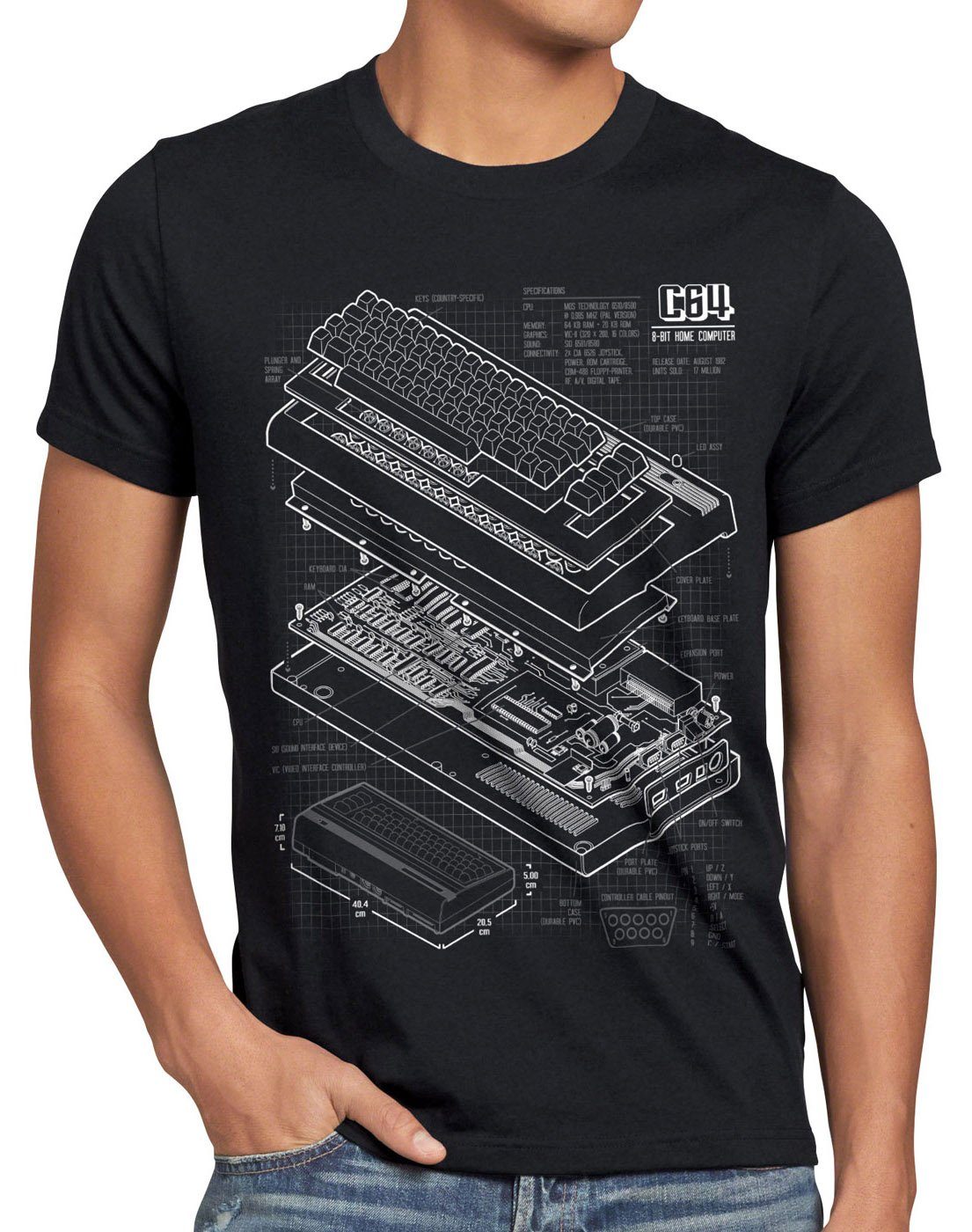 style3 Print-Shirt Herren T-Shirt C64 Heimcomputer Blaupause classic gamer schwarz