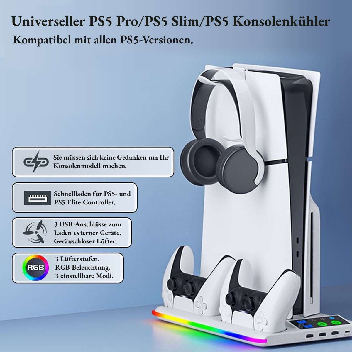BBG PS5 Kühlständer für PS5 / PS5 Slim / PS5 Pro Ladestation (2800 mA, mit Headset-Halter & USB-Hub, Geräuscharm Lüfter, für PS5, PS5 Slim und PS5 Pro (Digital & Disc), mit Dual-Controller-Ladestation, RGB-Beleuchtung)