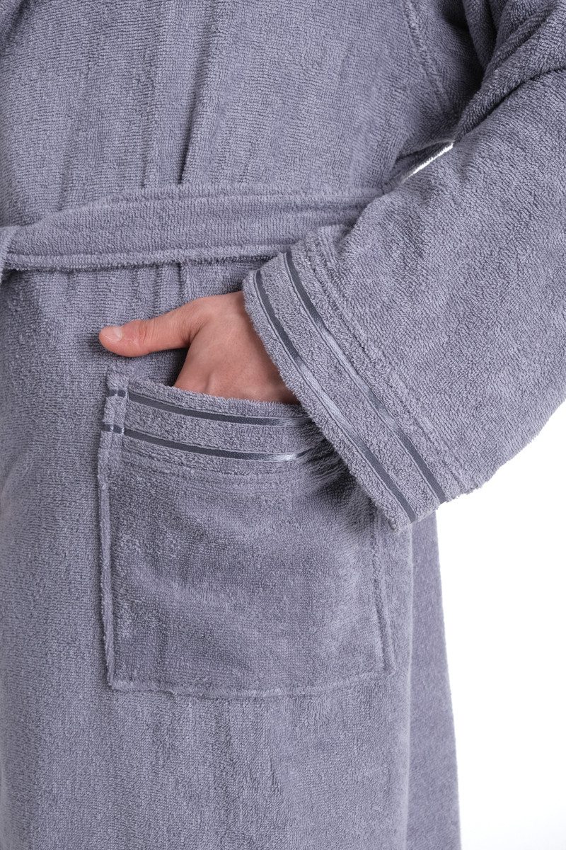 Bruno Banani Herrenbademantel Clement, ideal für Sauna & Spa, Hotelbademantel, Morgenmantel, Langform, Walkfrottier, Kapuze, Gürtel, 100% Baumwolle, einfarbig, glänzende Streifen-Bordüre, Taschen, S-4XL