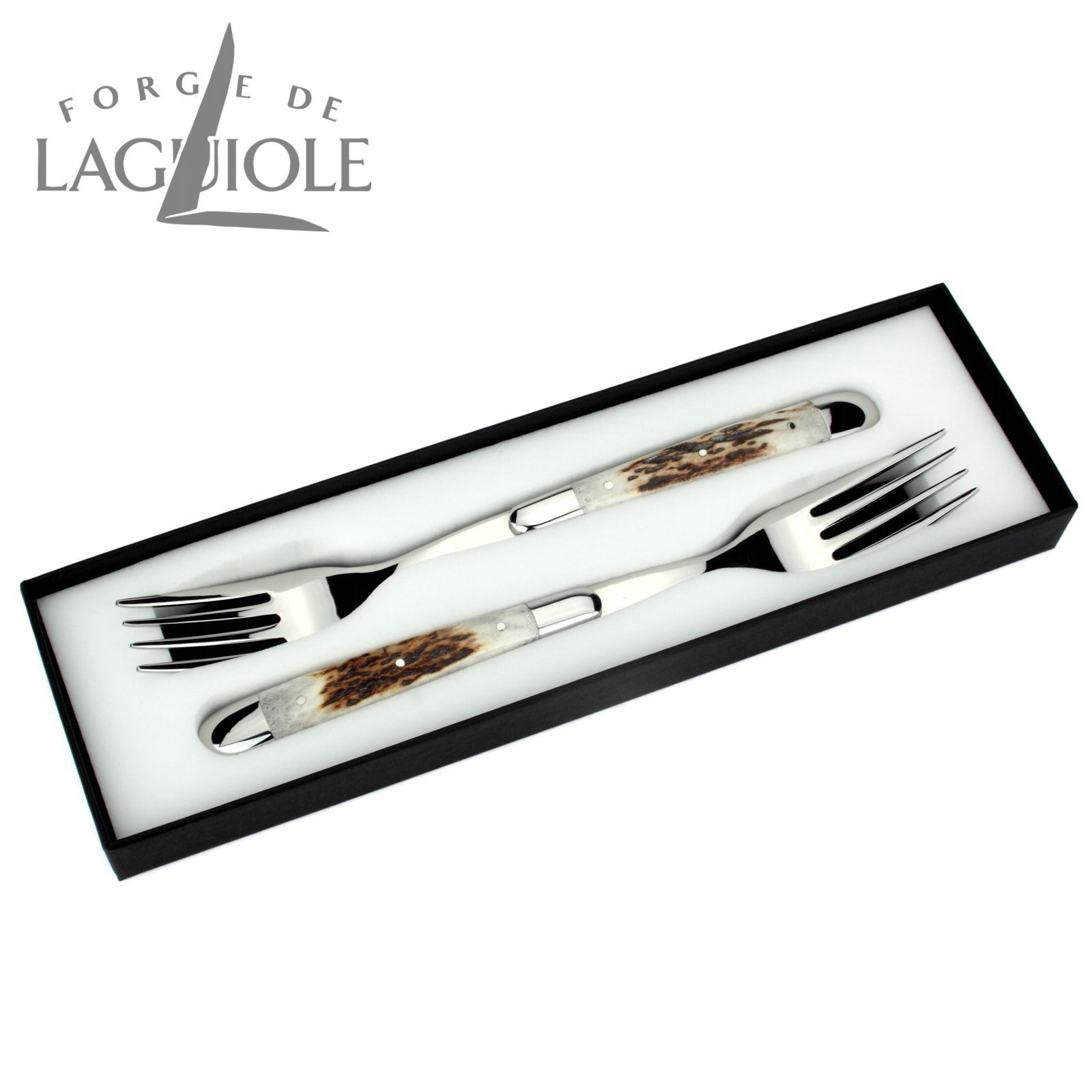 Forge de Laguiole Steakbesteck FE2 2M IN CF BRI, 2 Gabeln - Griff Hirschhorn - Stahl glänzend