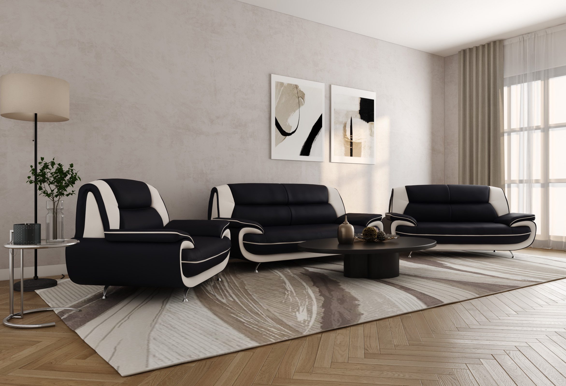 Kaiser Möbel Loungeset Wohnzimmer-Set 3-2-1 modern, Kunstleder Soft, PALERMO, (3-2-1, Wohnzimmer-Set 3-2-1), ergonomisch geformte Rückenlehnen großzügige Sitzflächen