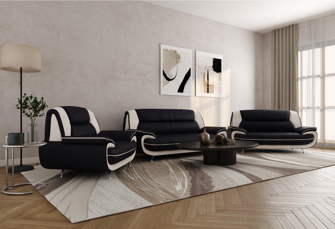 Kaiser Möbel Loungeset Wohnzimmer-Set 3-2-1 modern, Kunstleder Soft, PALERMO, (3-2-1, Wohnzimmer-Set 3-2-1), ergonomisch geformte Rückenlehnen großzügige Sitzflächen
