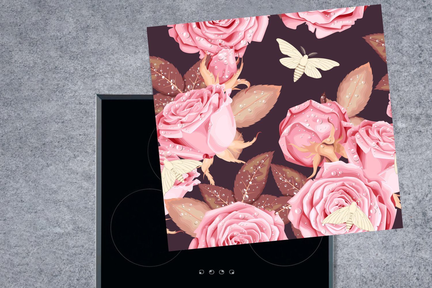 küche cm, Blumen Vinyl, (1 tlg), - Rosa, - Ceranfeldabdeckung, für MuchoWow 78x78 Rosen Arbeitsplatte Herdblende-/Abdeckplatte