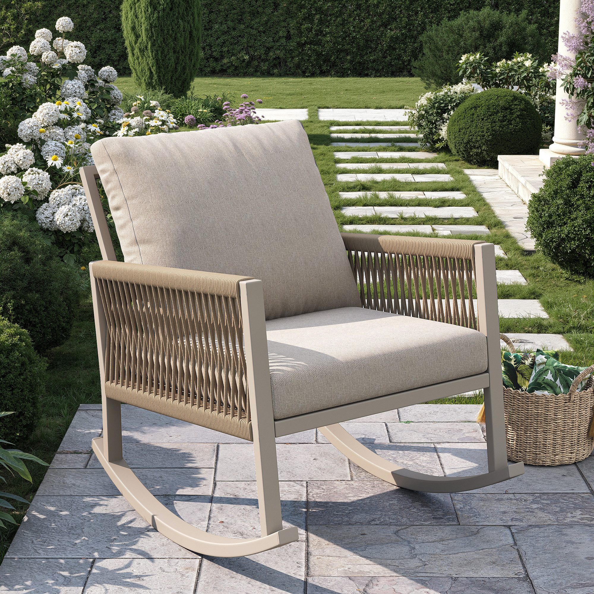 Flieks Gartenstuhl, Outdoor Schaukelstuhl Einzelstuhl mit Kreuzseilwebtechnik 79x65x78cm