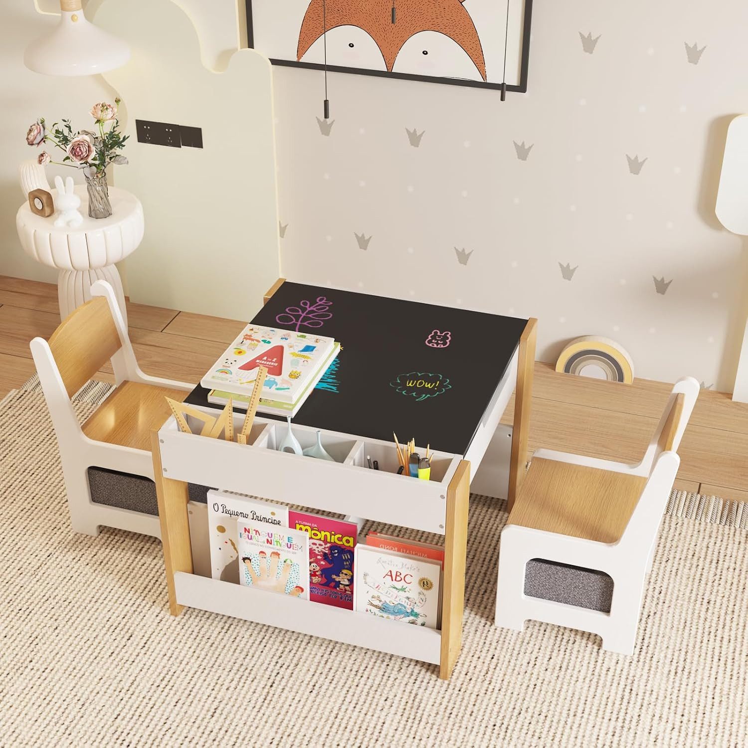 GarveeMore Kindersitzgruppe mit 2 Stühlen und Aufbewahrungsschublade,Abnehmbare Tischplatte, Kindertisch- und Stuhlset, 4-in-1-Aktivitätstisch aus Holz & 2 Stühle