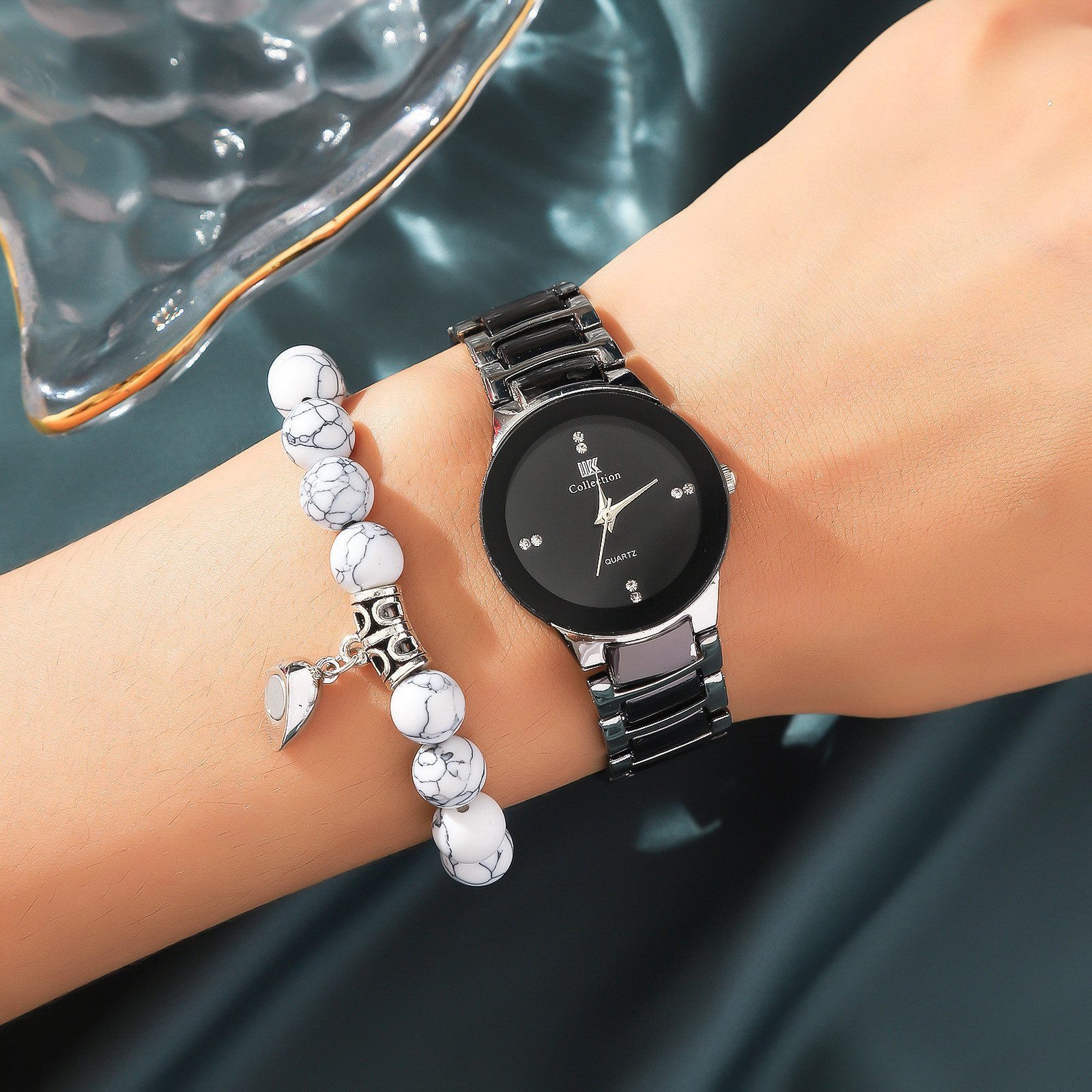 ibettertec Quarzuhr Unisex Analog Quarz Paar Uhr mit Liebesarmband Uhr Chronographen, (EdelstahlBand Männer Damen Uhren Business Schwarz Quarzuhren Hochwertiges Geschenkbox-Set, Valentinstagsgeschenke,Weihnachtsgeschenke,Vatertagsgeschenke,Muttertagsgeschenke, Geburtstagsgeschenke, 4-tlg)