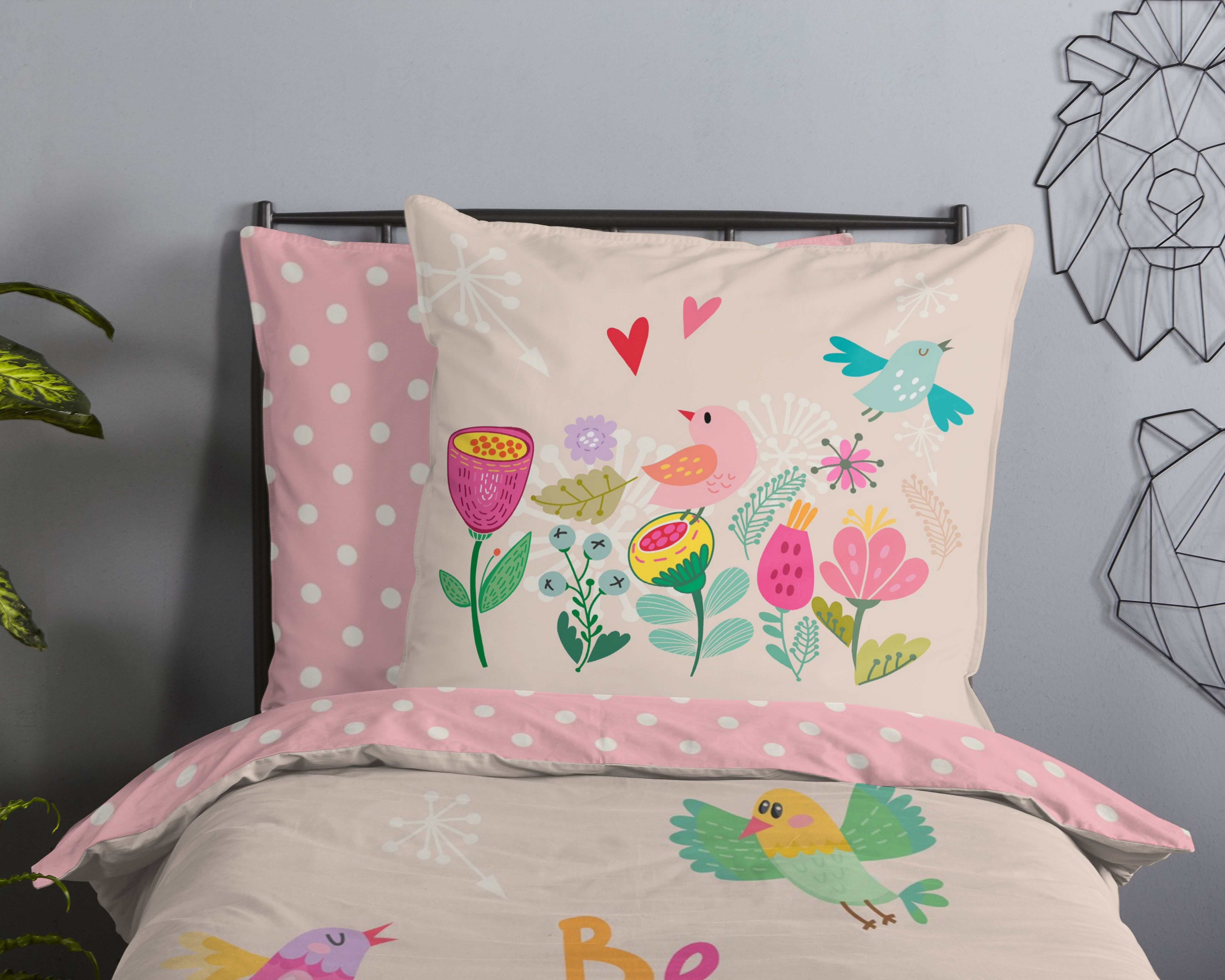 good morning Kinderbettwäsche Happily, Renforcé, 2 teilig, Baumwolle, Renforcé, Wendeoptik, Kind, Mädchen, blumen, vogel