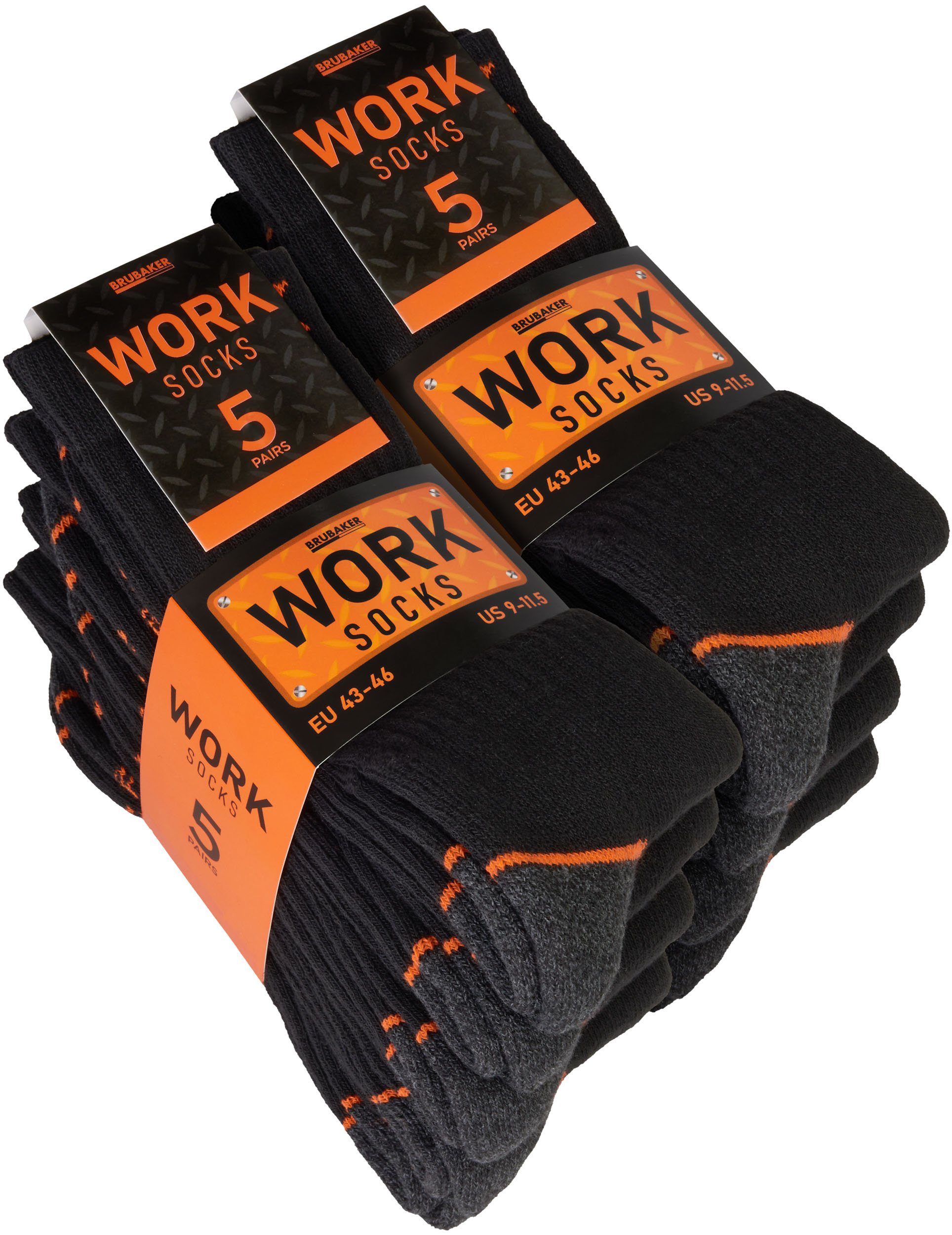 BRUBAKER Arbeitssocken Herren Work Socken für Sicherheitsschuhe - Schwarz Orange (Verstärkter Fersen und Zehenbereich, 10-Paar, Work Socks Arbeitssocken aus Baumwolle) Robuste Funktionssocken für optimalen Halt auf der Arbeit