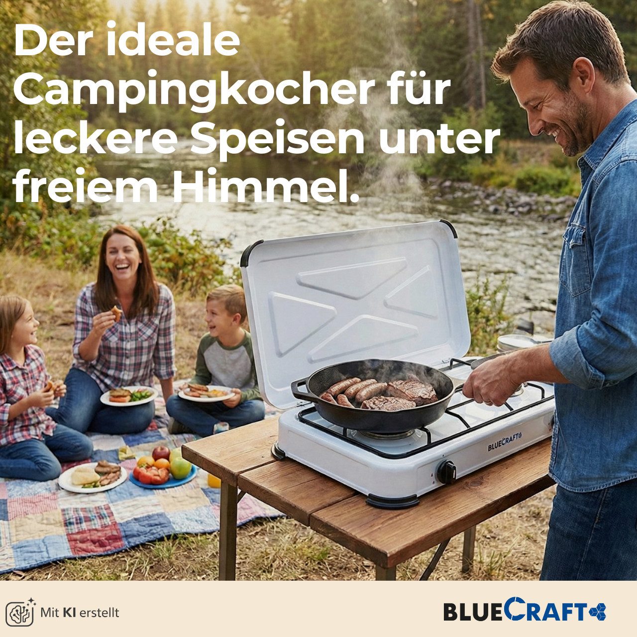 BlueCraft Gaskocher 2 flammig mit Zündsicherung 50mbar Propan Gas Campingkocher 4,4 kW, Camping Gas Kocher 2 flammen für Gasflasche Gasherd Gas-Kochfeld