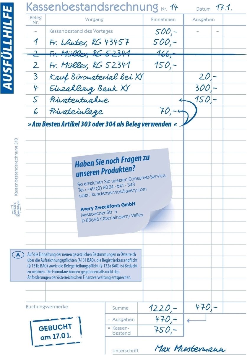 Formularblock Formularbuch Kassenbericht A5 VE=50 Blatt mit Ausfüllhilfe.