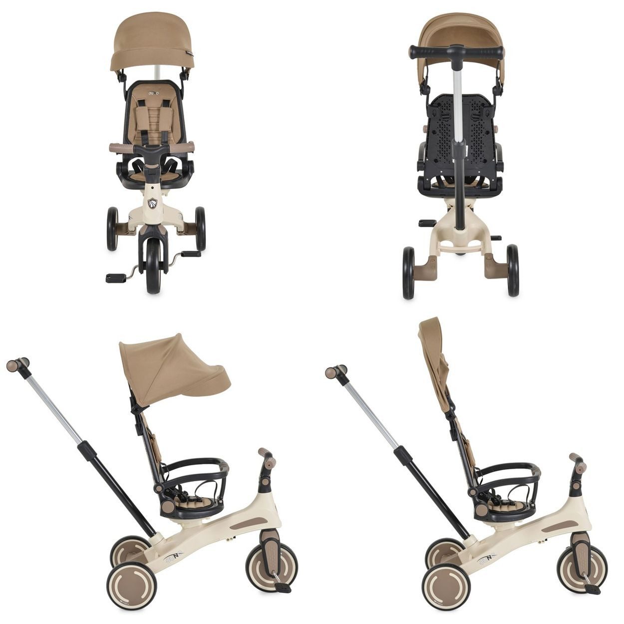 Byox Dreirad Juno 4 in 1, EVA-Räder, Schiebegriff, 360° drehbarer Sitz, Sonnendach, Fußstütze