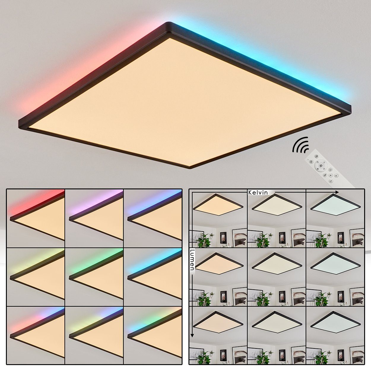 hofstein Deckenleuchte »Breolungi« Deckenlampe aus Metall/Kunststoff in Schwarz/Weiß, 6500 Kelvin, dimmbar/RGB Farbwechsel m. Fernbedienung und Lichteffekt, 2500 Lumen