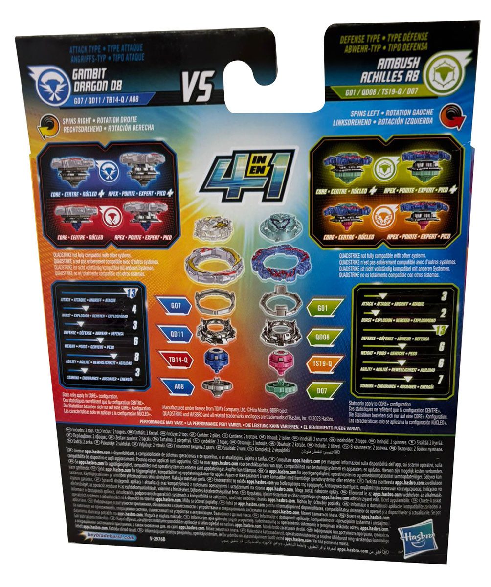 Hasbro Speed-Kreisel Beyblade Burst QuadStrike Ambush Achilles A8 vs Gambit Dragon D8 Dual