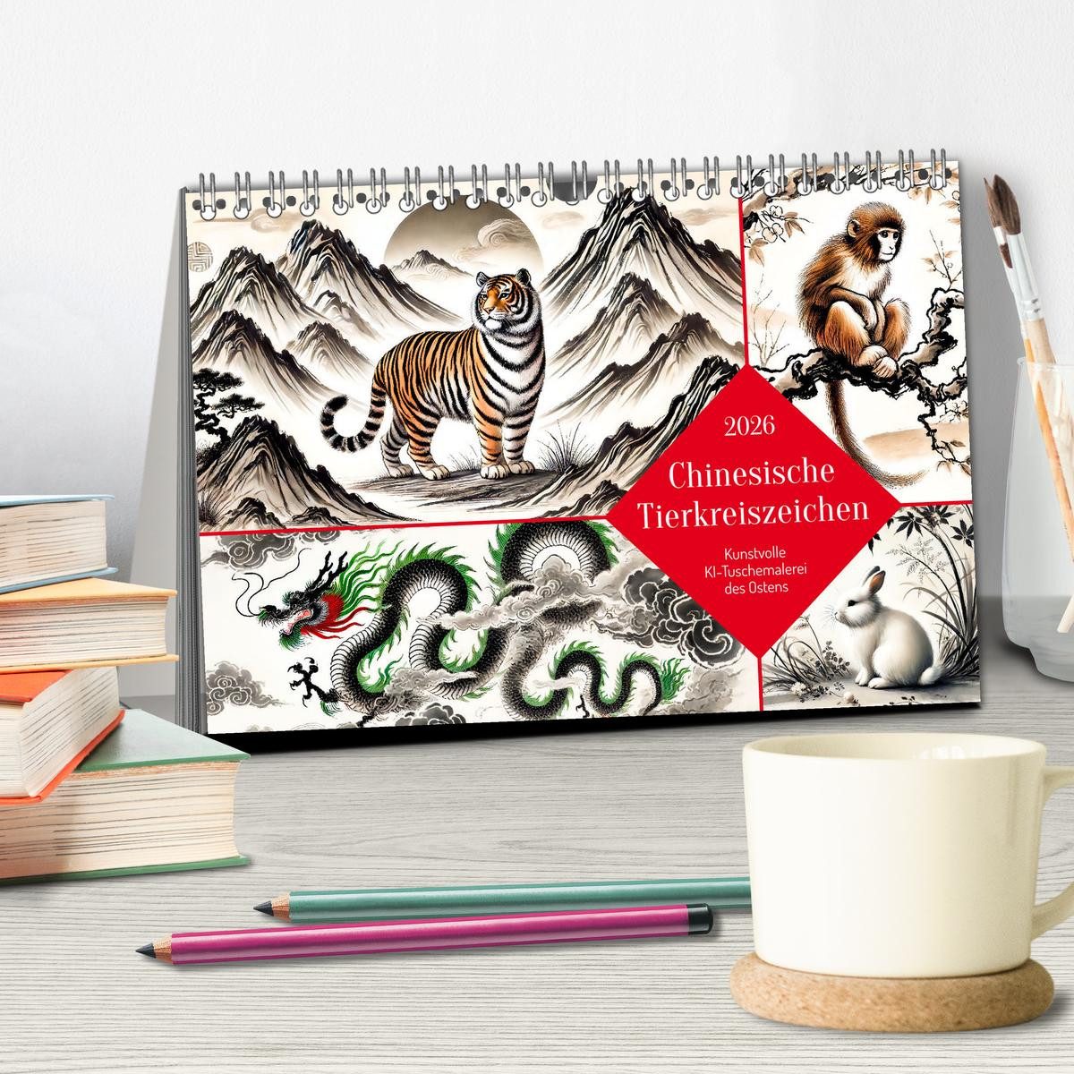 CALVENDO Wandkalender Chinesische Tierkreiszeichen - Kunstvolle KI-Tuschemalerei des Ostens
