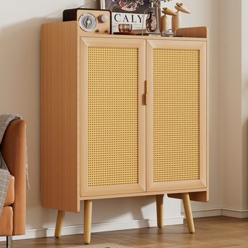 KLAM HOME Sideboard Kommode mit 2 Türen verstellbaren Rattan-Trennwand, Schuhschrank mit Metallgriffen Massivholzfüßen, B80/T35/H105,5 cm