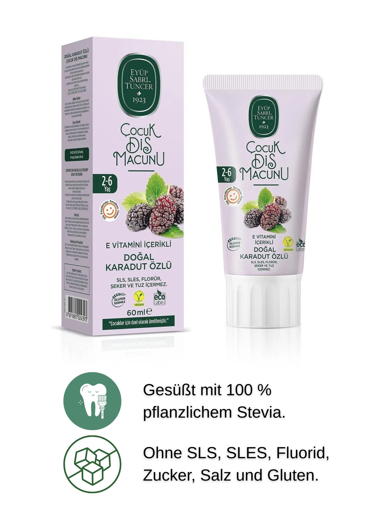 EYÜP SABRI TUNCER Zahnpasta Kinderzahnpasta – Schwarze Maulbeere & Acai, 2-6 J.- VEGAN, (5-St) Fluoridfrei, Ohne SLS&SLES, Ohne Zucker, Mit Stevia