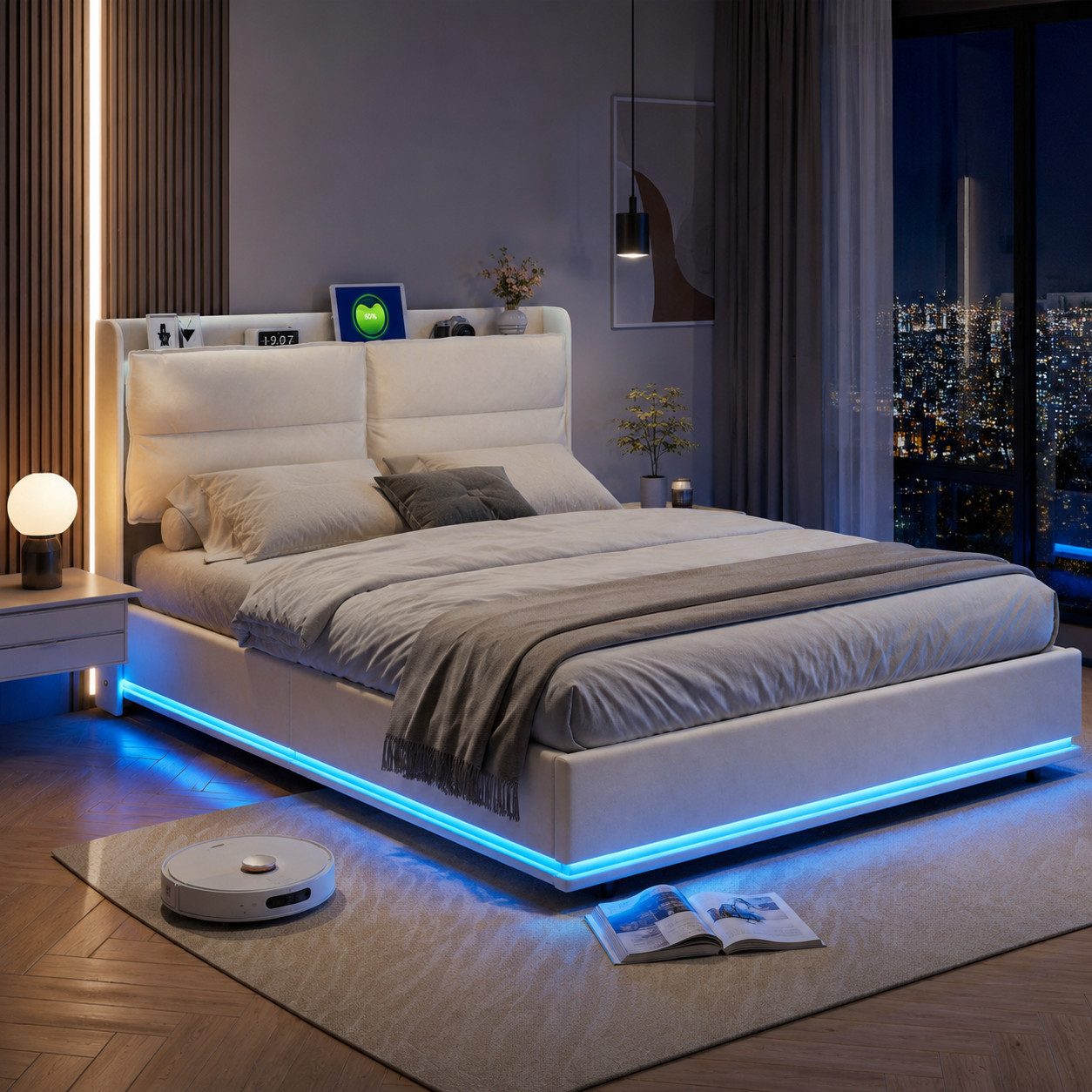 Simurq Polsterbett 160x200cm Stauraum-Kopfteil LED Rückenlehne (Geeignet für Erwachsene und Doppelbett), Stauraum‑Kopfteil,LED,Rückenlehne,Lattenrost