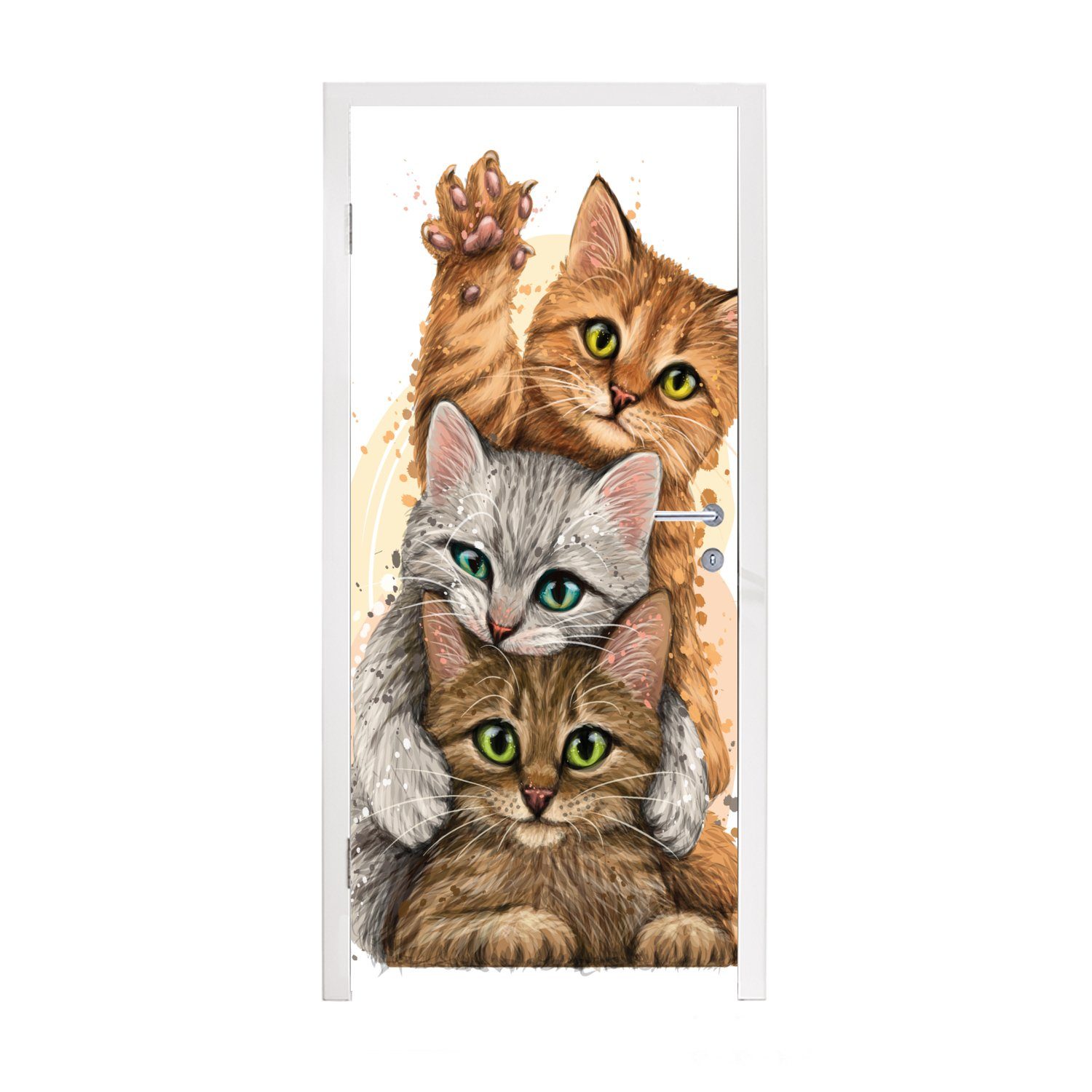 MuchoWow Türtapete Katzen - Illustration - Haustiere - Katze, Matt, bedruckt, (1 St), Fototapete für Tür, Türaufkleber, 75x205 cm