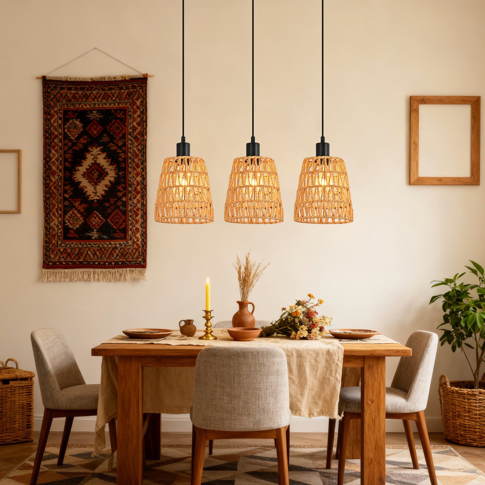 Nettlife Pendelleuchte Retro Boho Hängelampe Rattan höhenverstellbar 1/3 fl günstig online kaufen