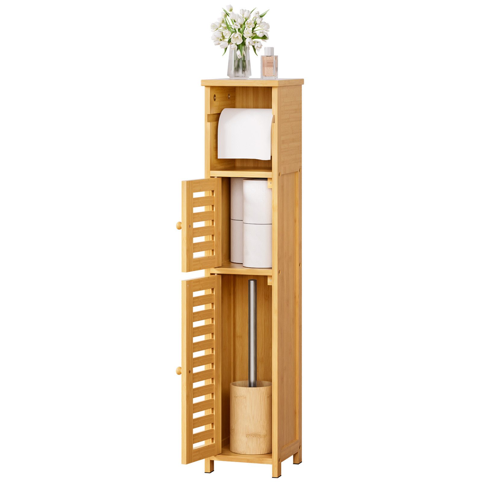 Yorbay Toilettenpapierhalter Schmaler Badezimmerschrank aus Bambus mit Türen und Regalen (WC-Bürstenhalter/Ablage), Stehend WC Garnitur mit Klobürste für WC, Toilette, Badezimmer