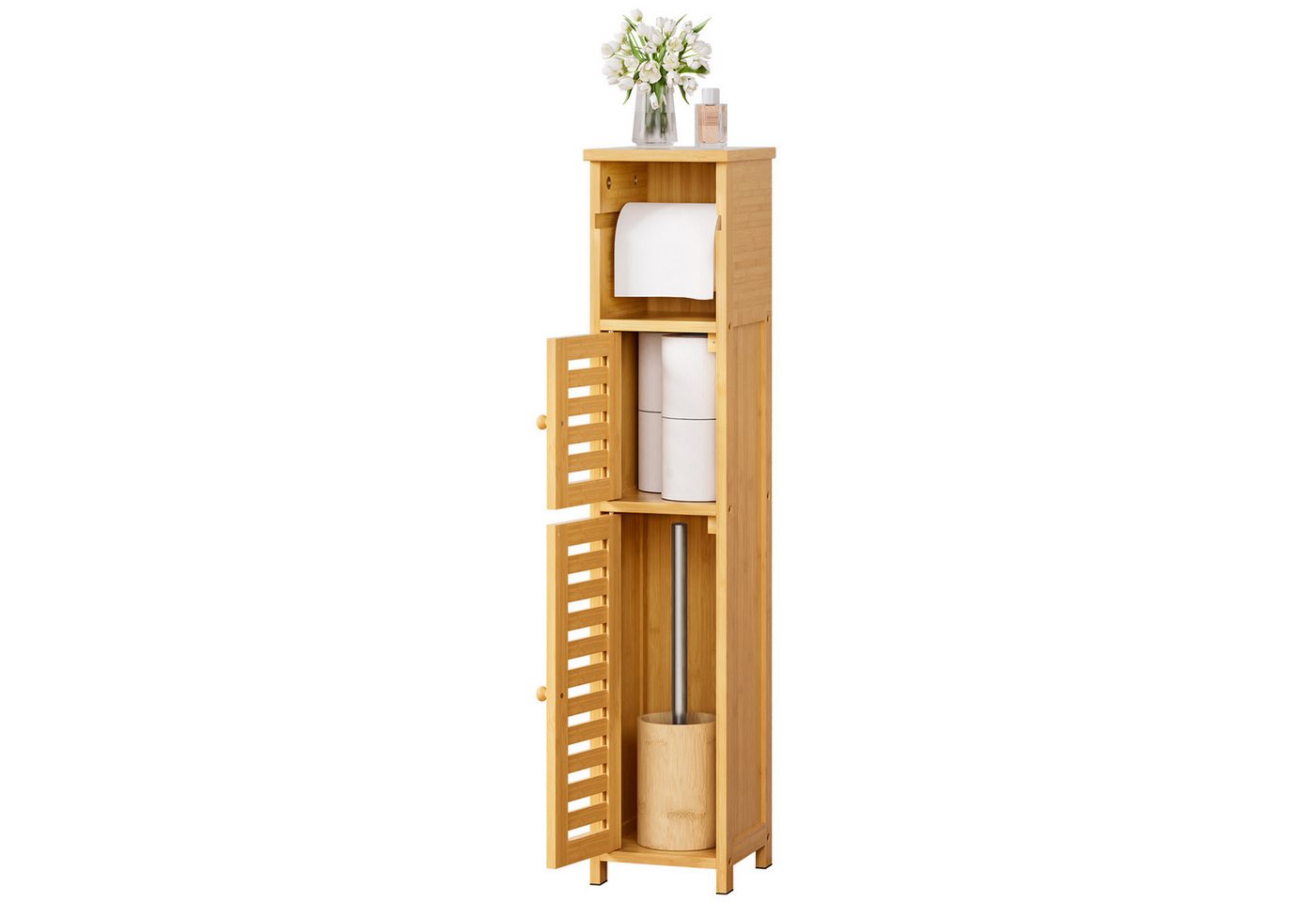 Yorbay Toilettenpapierhalter Schmaler Badezimmerschrank aus Bambus mit Türen und Regalen (WC-Bürstenhalter/Ablage), Stehend WC Garnitur mit Klobürste für WC, Toilette, Badezimmer
