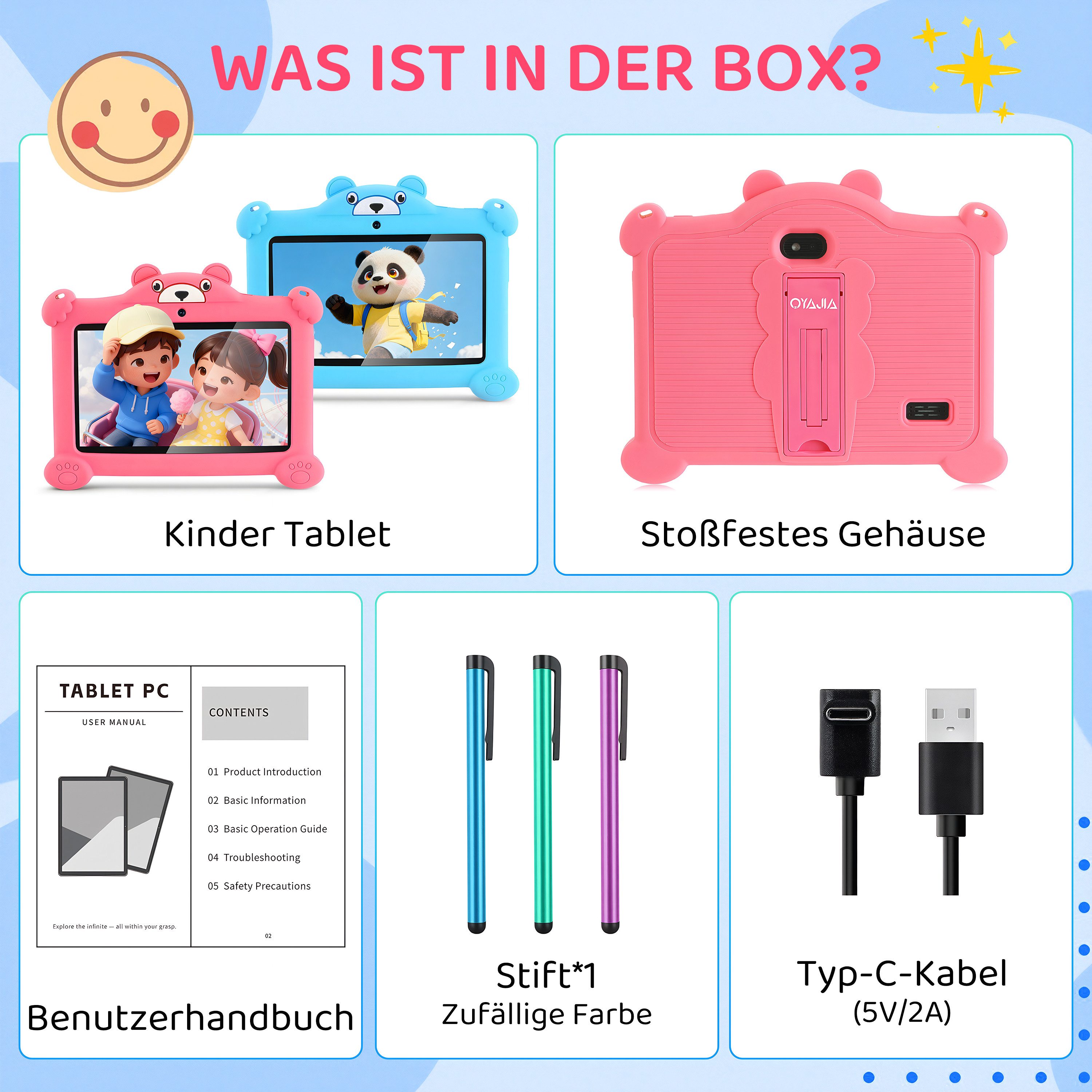 oyajia 7 Zoll mit Robuster Hülle, 4GB+64GB, WiFi Bluetooth IPS HD Android 15 Tablet (7", 64 GB, WiFi, Android 15 ab 3 Jahren, mit Hülle & Stift, Google Kids Space Gemini AI)