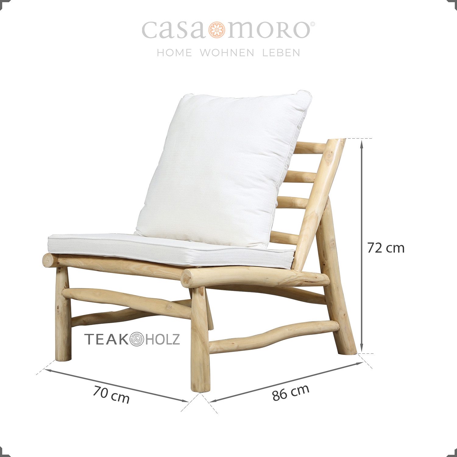 Casa Moro Gartensessel Loungesessel 2er Set Teak Holz Garten Sessel Indoor & Outdoor, aus massiven Teakholz-Ästen, Bezüge abnehmbar & waschbar