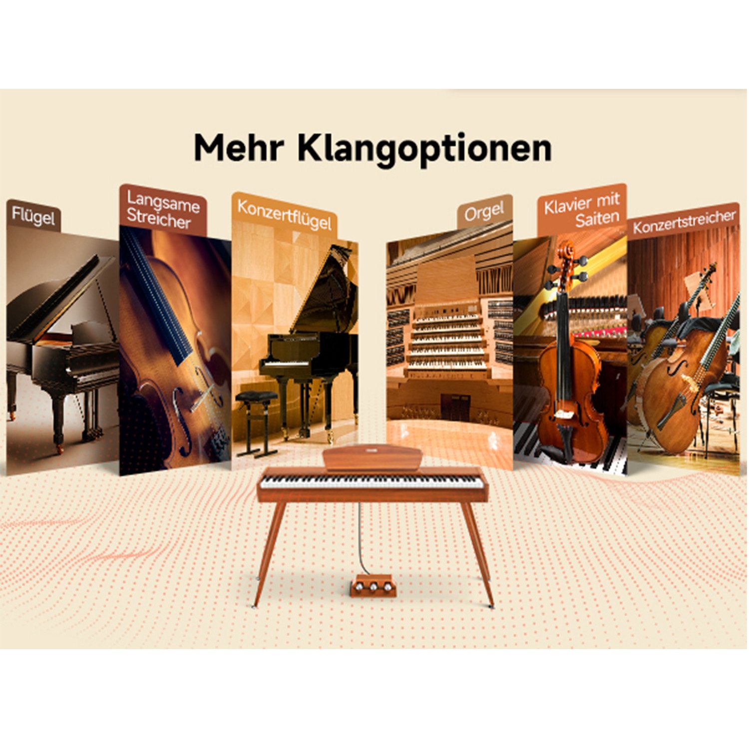 Donner Digitalpiano DDP 80 Upgrade Gewichtete Tasten mit Konzertstrings und Orgelklang (Set, mit Notenständer, Dreifachpedal, Netzteil), für Anfänger,Elektrisch – Bild 5 von 5