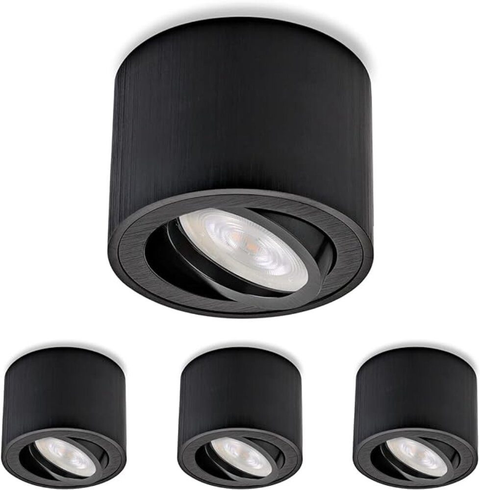 Sweet LED LED Aufbaustrahler 4er Set flache LED Aufbauspots schwarz - rund & schwenkbar, 5 W, 230V, LED wechselbar, Warmweiß, LED Deckenlampe, Deckenspot, Deckenstrahler