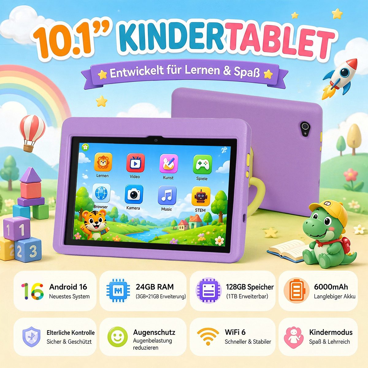 Happybe 10,1 Zoll 24GB(3+21) RAM 128GB HD IPS 6000 mAh Android 16 Kinder Tablet (10.1", 128 GB, Android)