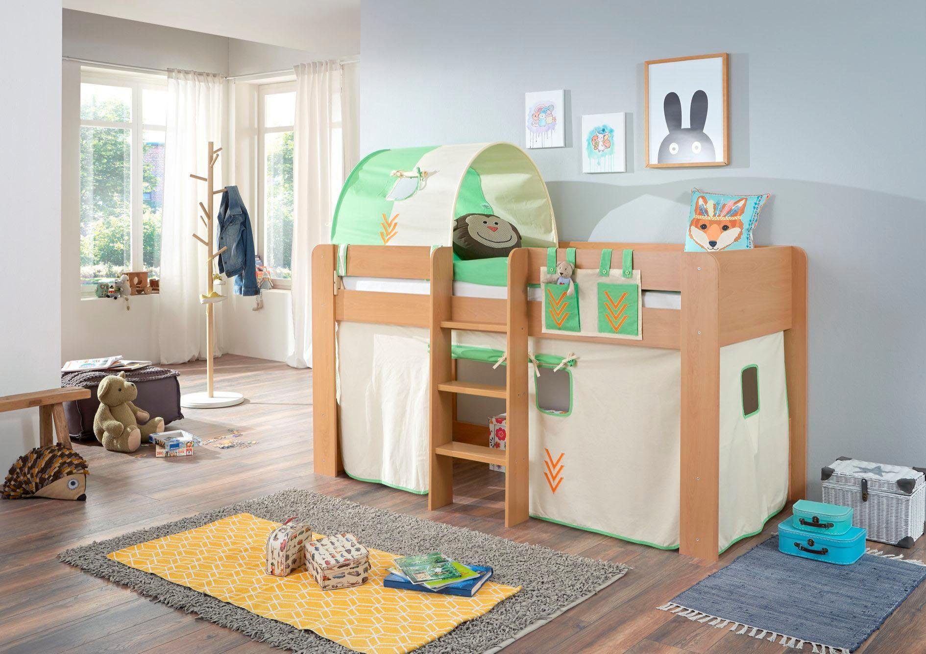 Relita Hochbett Andi mit Rolllattenrost, Textil-Set und Leiter, pflegel. Dekor Oberfläche