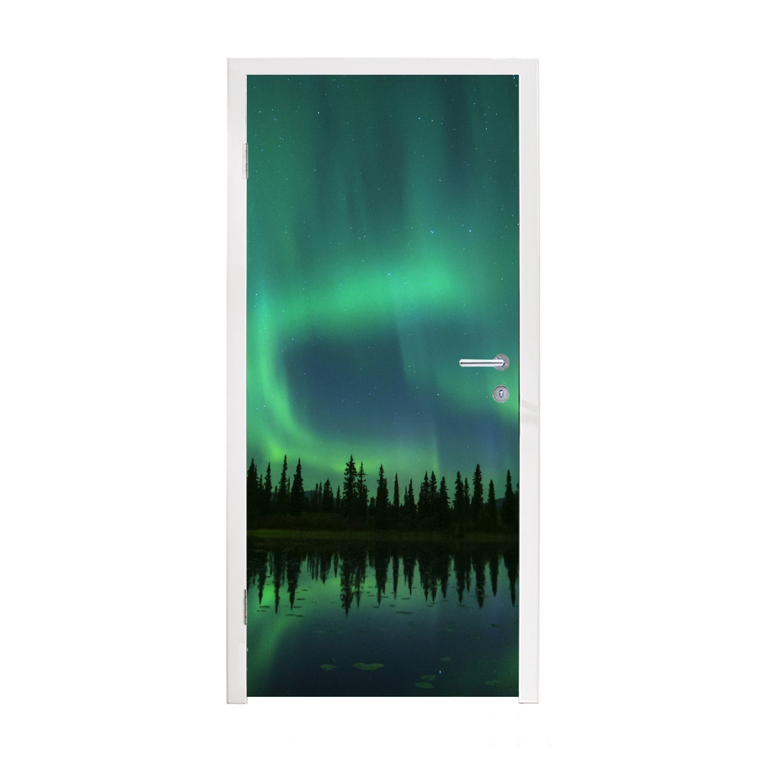 (1 Fototapete - St), - MuchoWow Türaufkleber, bedruckt, Wasser Nordlicht für Tür, cm 75x205 Türtapete Matt, Alaska, Bäume -