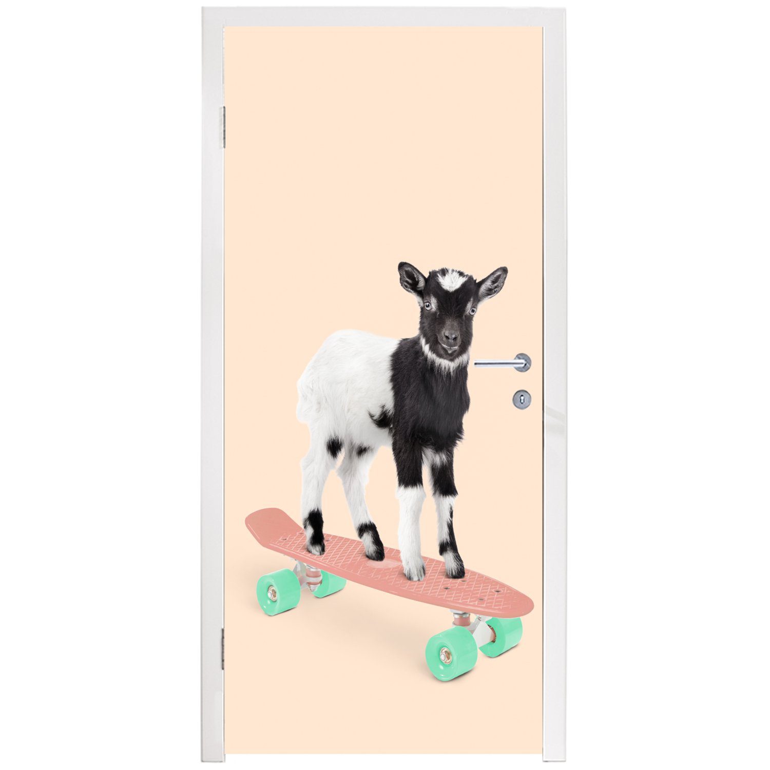 cm 75x205 Skateboard Ziege Tür, Weiß Türaufkleber, - - (1 für Fototapete - Schwarz St), bedruckt, MuchoWow - Matt, Türtapete Tiere,