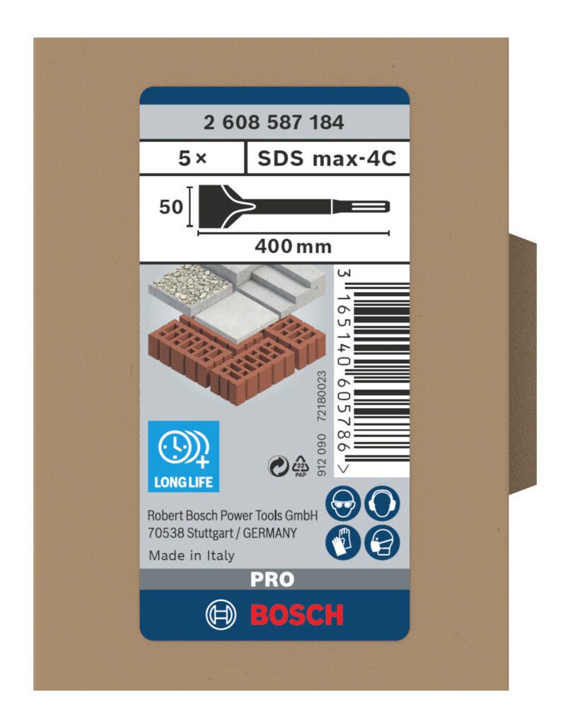 BOSCH Universalbohrer Pro SDS max-4C, (5 Stück), SDS max-4C Spatmeißel, 50 x 400 mm - 5er-Pack