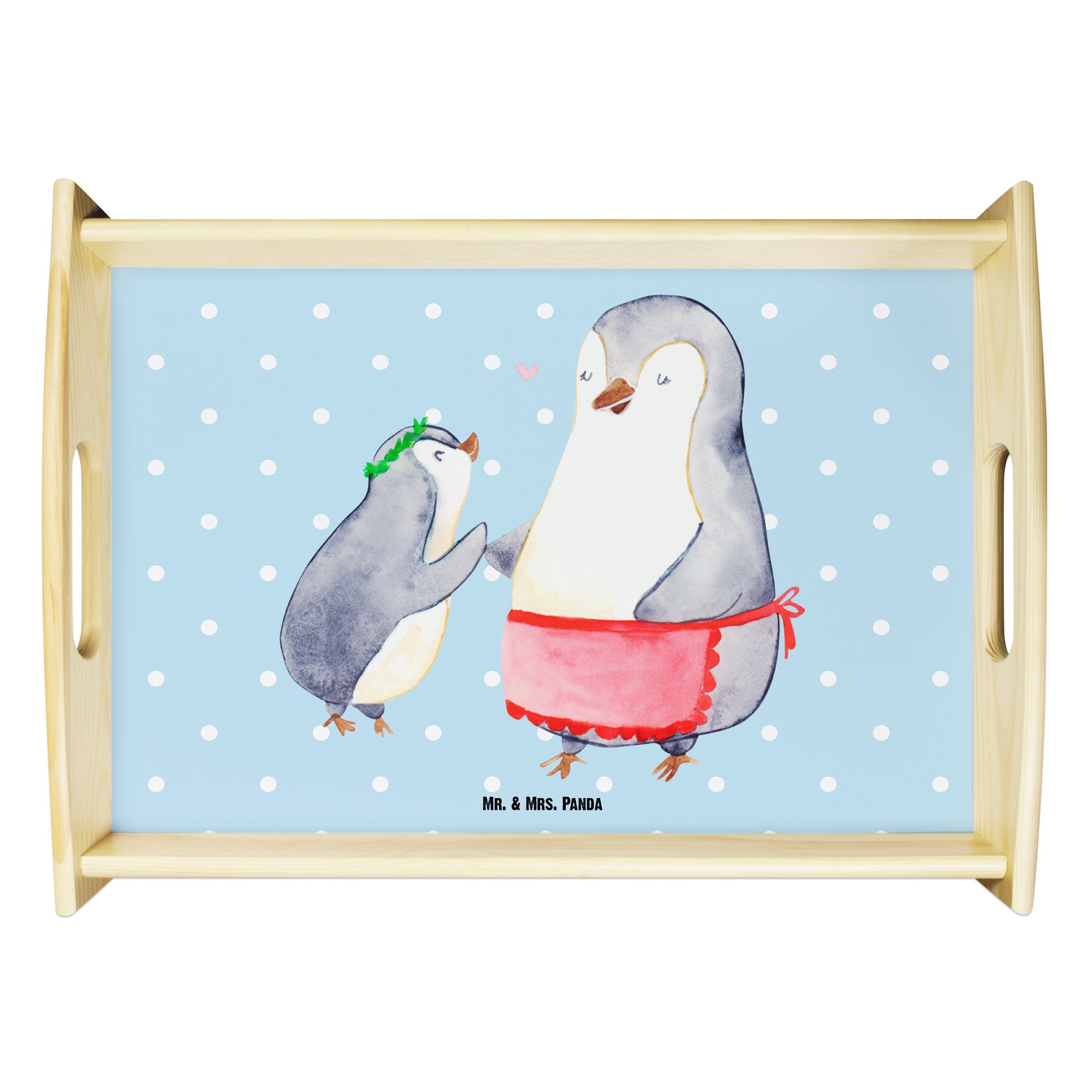 Mr. & Mrs. Panda Tablett Pinguin mit Kind - Blau Pastell - Geschenk, Tablett, Pinguine, Vatert, Echtholz lasiert, (1-tlg)