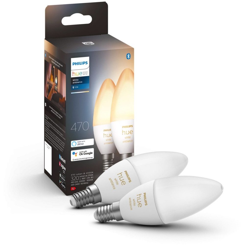 Philips Hue LED-Leuchtmittel White Ambiance 470 LED-Bulb E14 4W, 2er-Pack