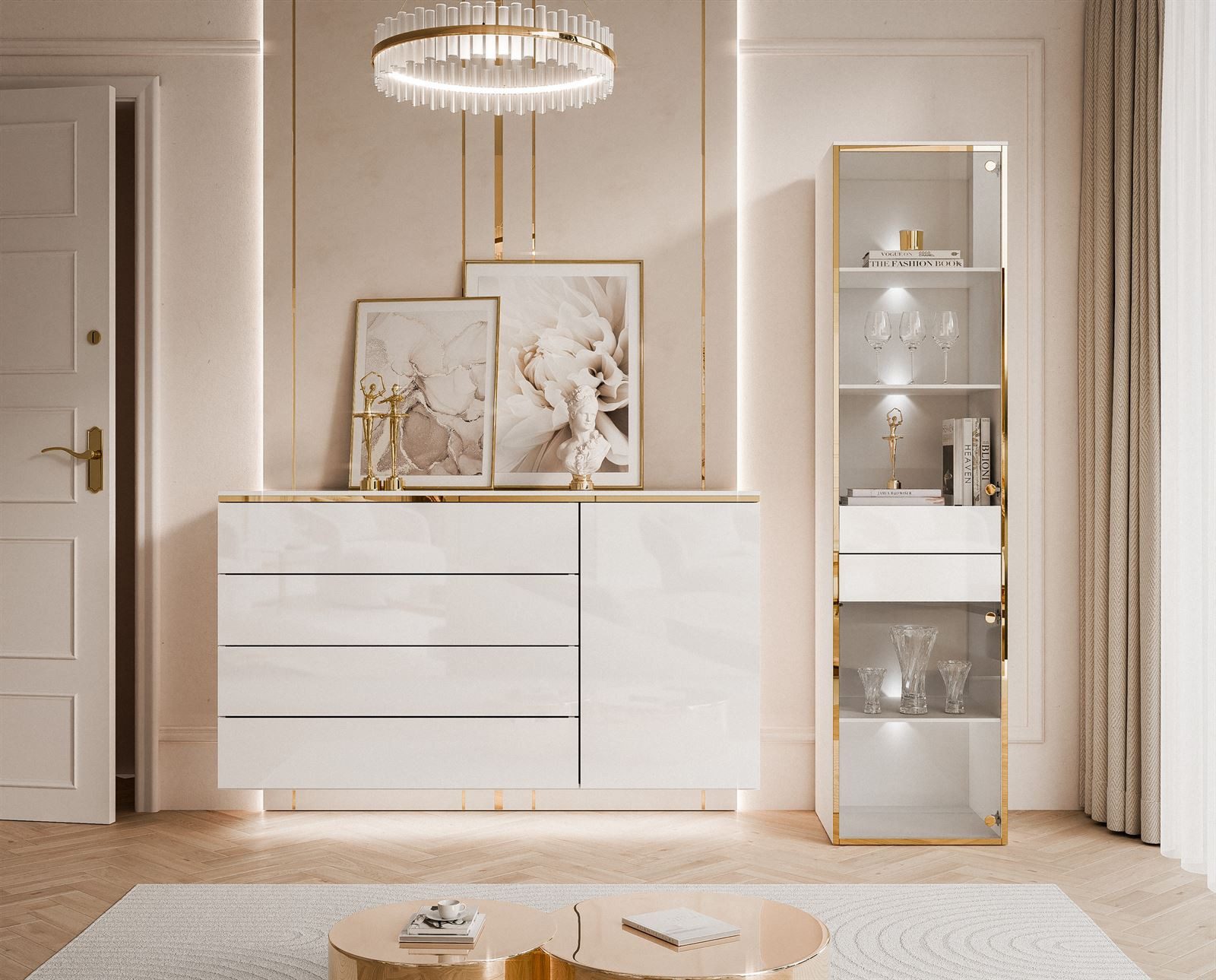 ALLHOUSE24 Wohnzimmer-Set PEONY II weiß Hochglanz/ weiß GOLD LED Beleuchtung Vitrine Kommode, (2-St), (1x Kommode, 1x Vitrine), LED Beleuchtung, Fronten in Hochglanz
