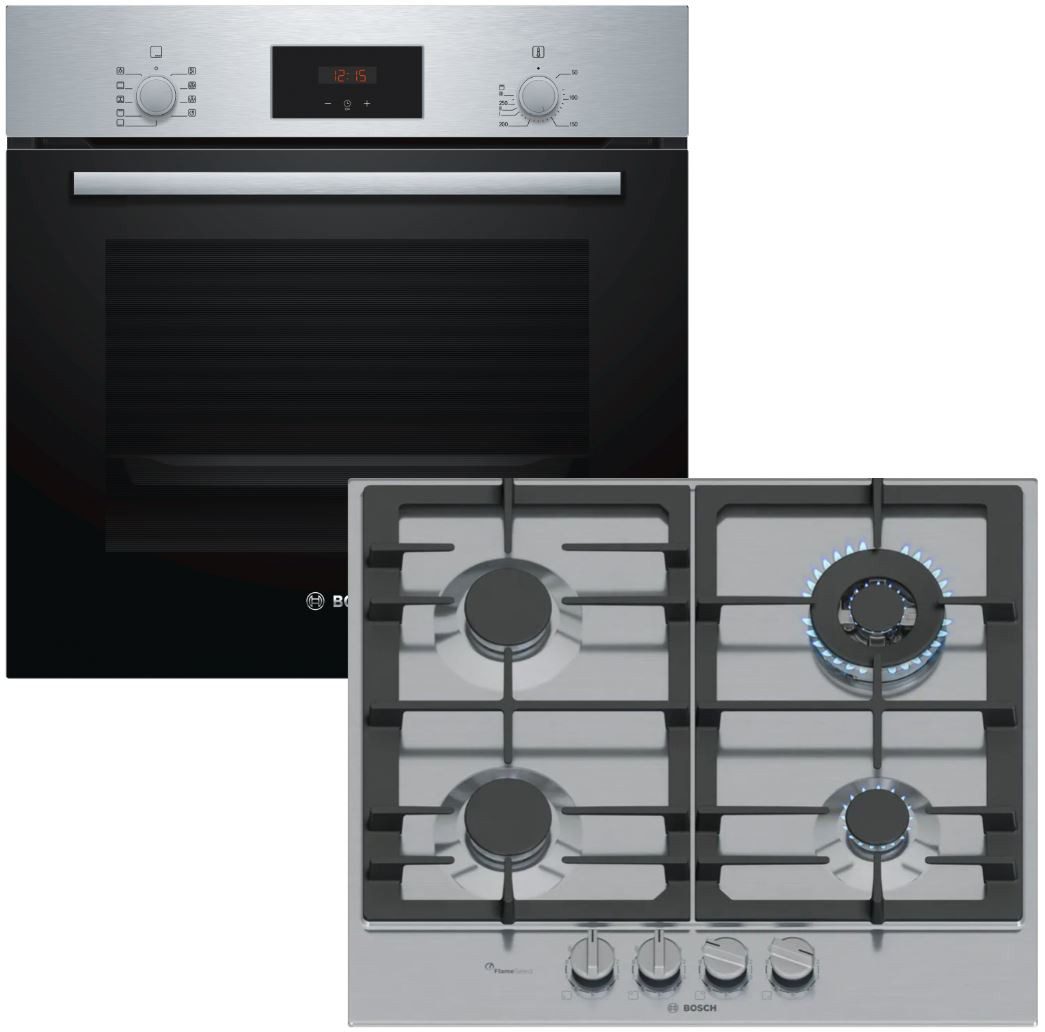 BOSCH Backofen-Set 66 Liter 3D Heißluft Teleskopauszug Gaskochfeld FlameSelect Edelstahl
