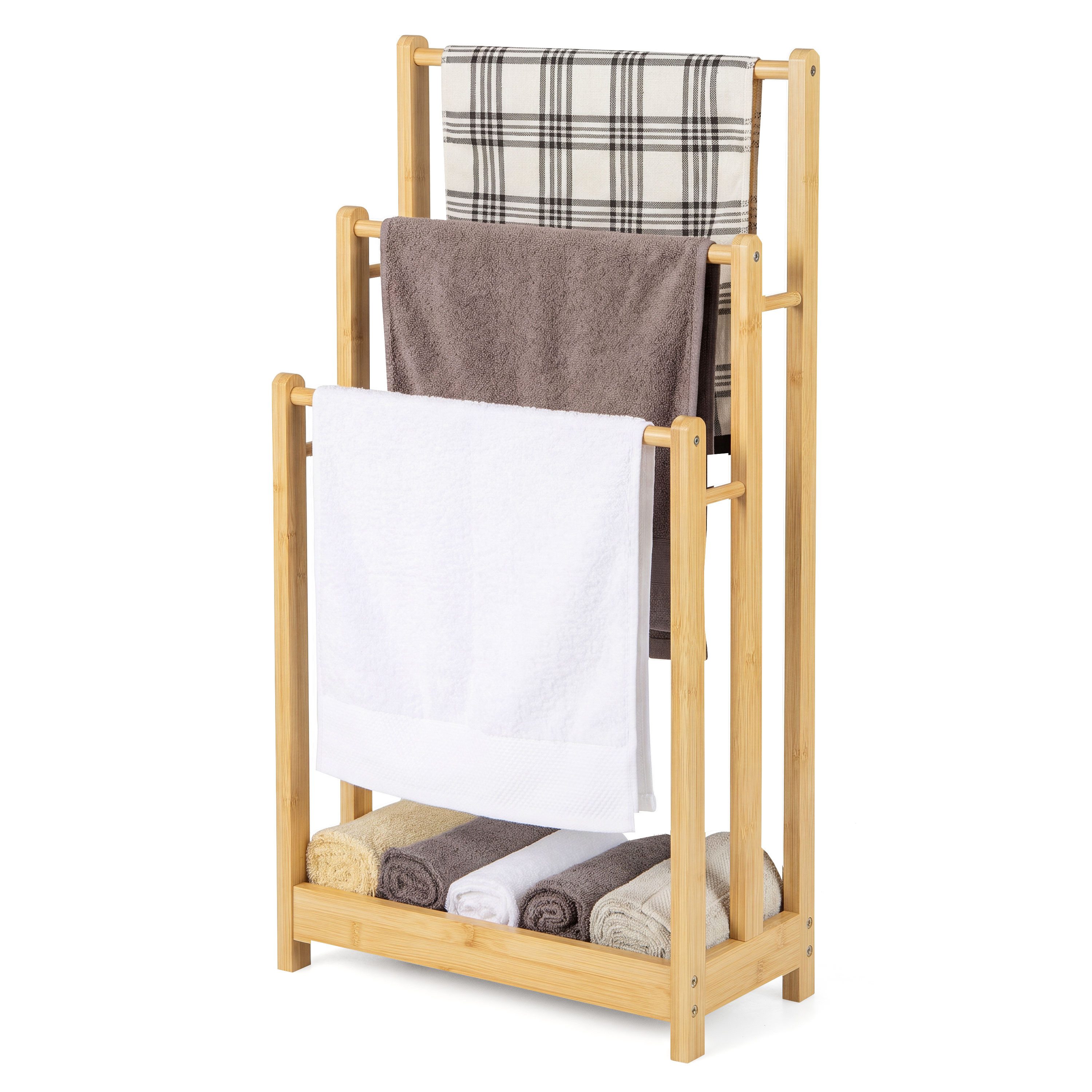 COSTWAY Handtuchhalter, Handtuchständer stehend Holz mit 3 Handtuchstangen