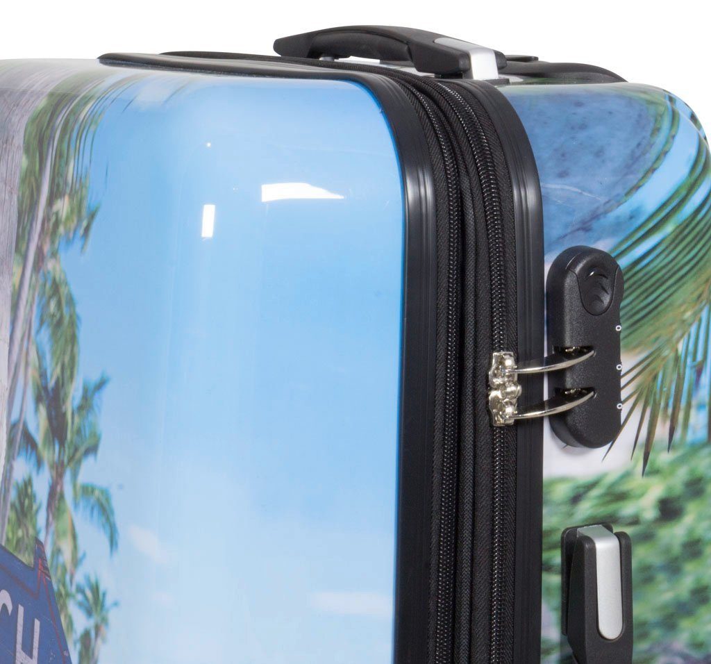 Trendyshop365 Hartschalen-Trolley Beach, bunter Koffer mit Strand-Motiv, 3 Größen, Zahlenschloss, Polycarbonat, Dehnfalte
