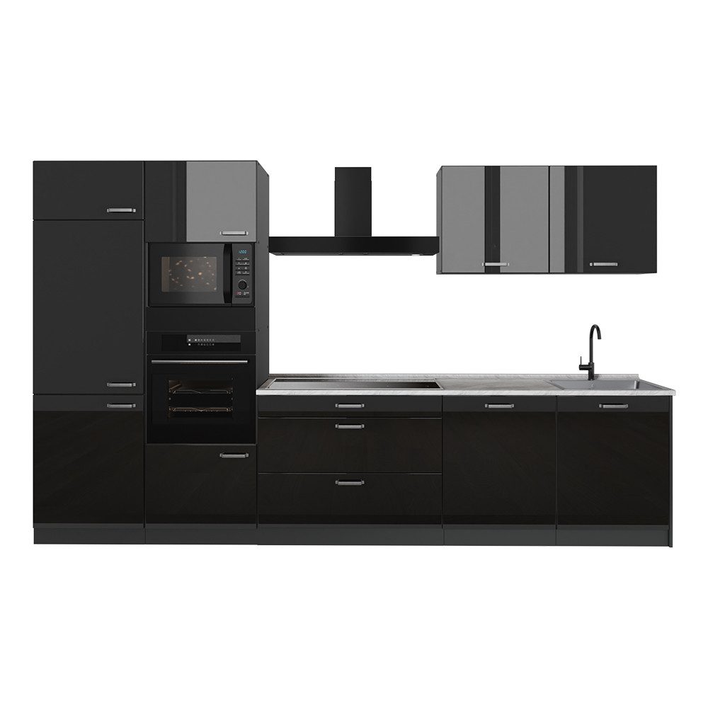 Vicco Küchenzeile R-Line, Schwarz Hochglanz/Anthrazit, 340 cm Arbeitsplatte Marmor